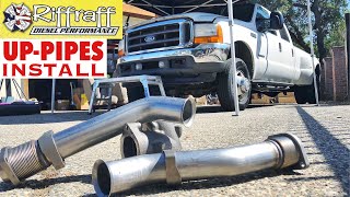 2001 F350 73  RiffRaff UpPipes Install  Stock up pipes leaking and falling apart JUNK SP [upl. by Eeimaj]